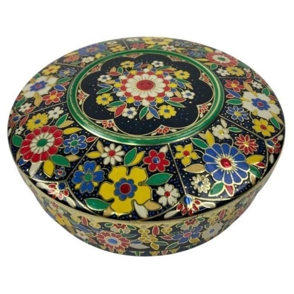 VTG Daher Decorated Ware Tin Round Floral Chintz Metal Box England With Contents